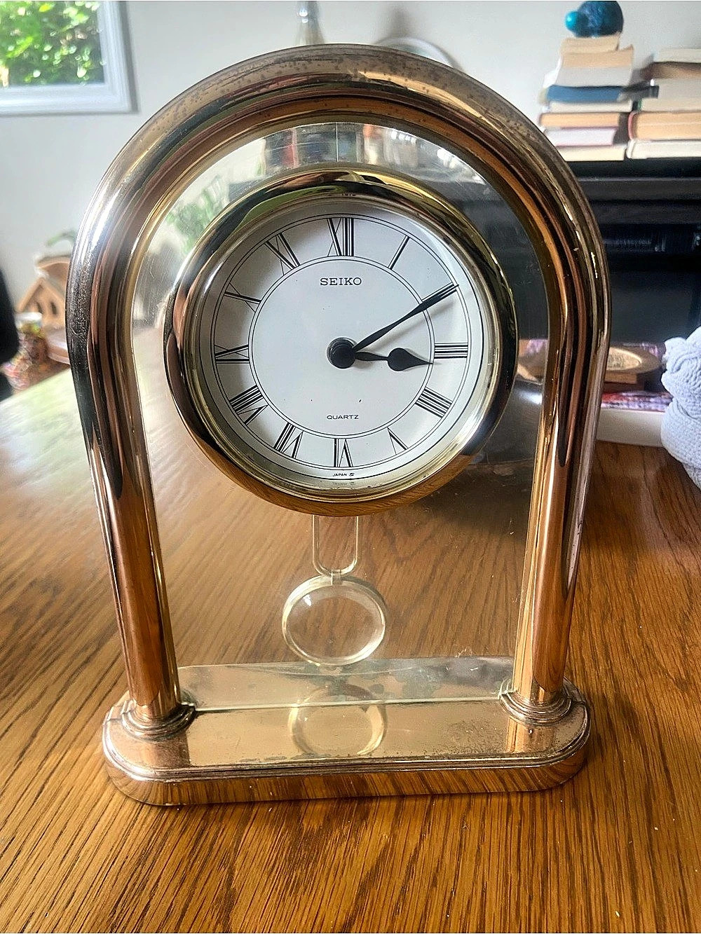 Vintage Seiko Quartz Arch Mantel Clock Gold with Pendulum